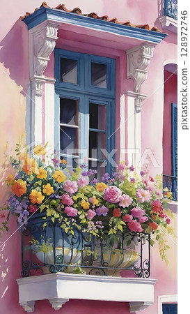 Balcony with colorful flowers and ornate railing.  128972746