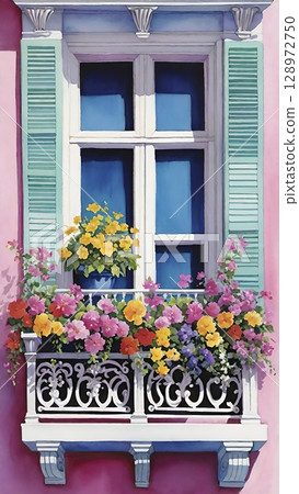 Balcony with colorful flowers and ornate railing.  Balcony with colorful flowers and ornate railing.  128972750