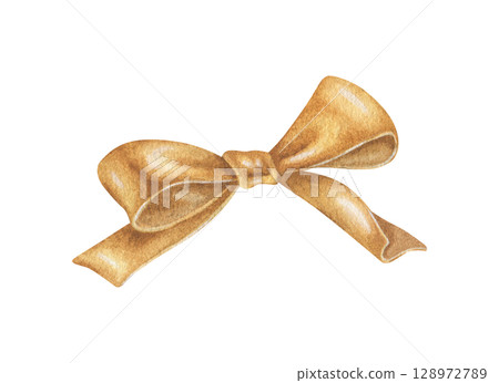 Golden shiny bow clipart. Watercolor illustration of a holiday decor. Hand drawn vintage sketch on white isolated background. Water color painting art image Golden shiny bow clipart. Watercolor illustration of a holiday decor. Hand drawn vintage sketch on white isolated background. Water color painting art image 128972789