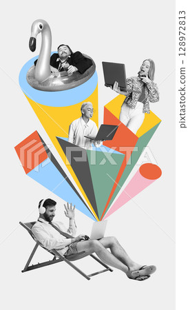 Colorful collage of humorous remote workers in leisurewear joining virtual meetings from unusual locations Colorful collage of humorous remote workers in leisurewear joining virtual meetings from unusual locations 128972813