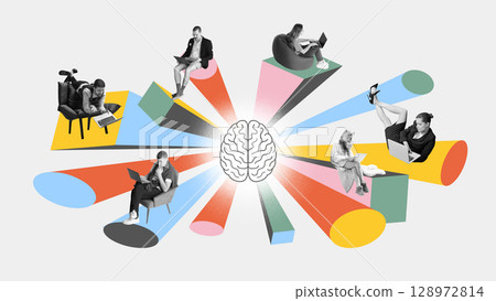 Digital collage of relaxed remote workers connected to central brain icon with colorful energy beams 128972814