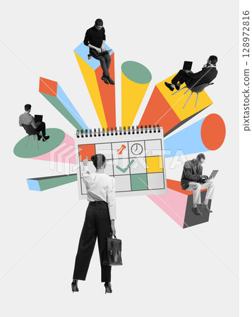 Digital composition of woman marking schedule surrounded by remote workers on laptops in colorful layout Digital composition of woman marking schedule surrounded by remote workers on laptops in colorful layout 128972816