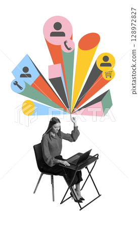 Contemporary collage of woman at desk pointing upward toward icons of customer roles, tools, and services 128972827