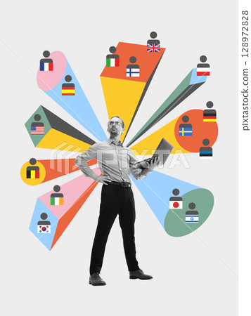 Creative collage of proud man holding laptop surrounded by international icons representing global team 128972828
