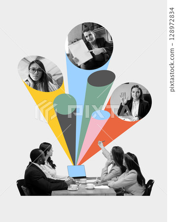 Colorful collage of office team pointing at laptop while remote colleagues join with mixed expressions Colorful collage of office team pointing at laptop while remote colleagues join with mixed expressions 128972834