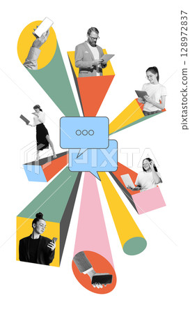 Bold poster of diverse professionals using mobile devices and tablets around chat bubbles on white background 128972837