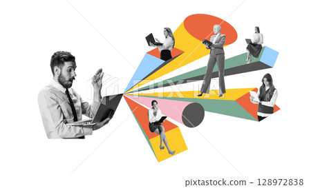 Creative digital collage of surprised man waving to distant colleagues on colorful channels in hybrid workspace 128972838
