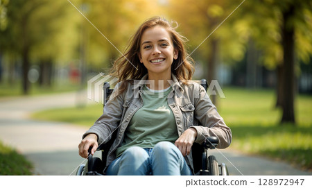 A young woman in a wheelchair smiling and enjoying a sunny day in the city park, wearing casual clothes 128972947