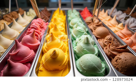 Assorted gelato flavors in metal trays at ice cream shop 128973024