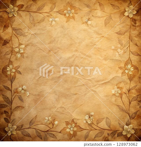 The image features a textured background with floral borders, reminiscent of old paper, with flowers and leaves in shades of brown and 128973062