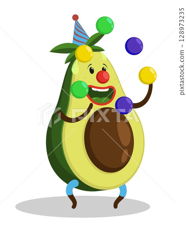 Cheerful avocado character circus clown entertains spectators by juggling colorful balls Cheerful avocado character circus clown entertains spectators by juggling colorful balls 128973235