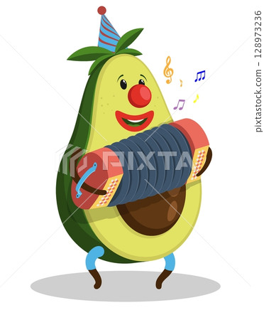 Cheerful avocado character circus musician on toy accordion harmonica plays Cheerful avocado character circus musician on toy accordion harmonica plays 128973236