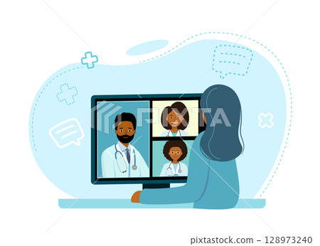 Meeting doctors online using computer. Call doctor using media platform. 128973240