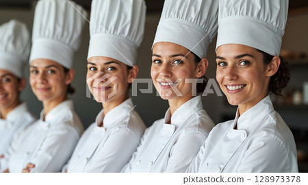 Close-up portrait of a group of professional chefs in clean white uniforms and tall chef hats 128973378