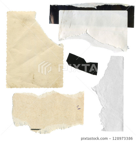 Torn vintage paper set of paper torn pieces for collage. Beige shapes of jagged uneven edges. Ripped different paper fragments collection. Textured grunge element bundle for text box, banner, poster. Torn vintage paper set of paper torn pieces for collage. Beige shapes of jagged uneven edges. Ripped different paper fragments collection. Textured grunge element bundle for text box, banner, poster. 128973386
