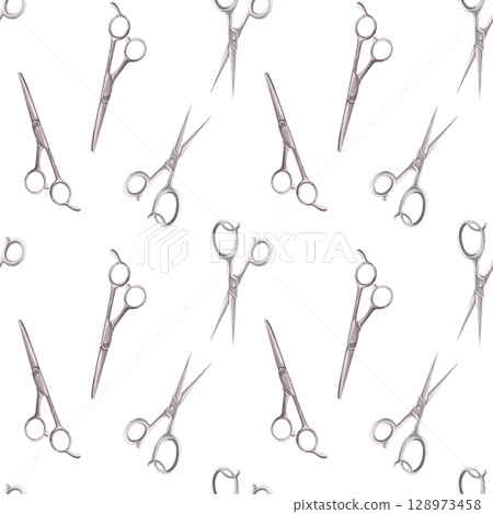 Metal haircutting scissors seamless pattern. Hand-painted watercolor illustration of shears, barbershop tool, sewing and handicraft instrument on a white for design, printing on textile and packaging 128973458