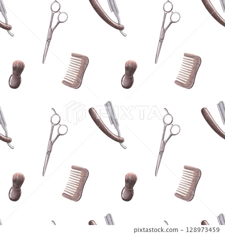 Razor, scissors, shaving brush, comb seamless pattern. Watercolor illustration of tools hand-painted on white for barbershop, hairdresser branding, grooming designs, printing on textile, packaging Razor, scissors, shaving brush, comb seamless pattern. Watercolor illustration of tools hand-painted on white for barbershop, hairdresser branding, grooming designs, printing on textile, packaging 128973459