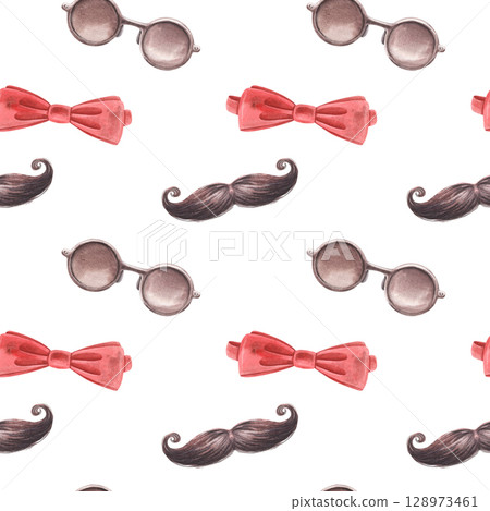 Moustache, sunglasses and bow tie seamless pattern. Hand-painted watercolor illustration isolated on white for men cosmetics, barbershop, retro, gentlemen, hipster printing on packaging and textile Moustache, sunglasses and bow tie seamless pattern. Hand-painted watercolor illustration isolated on white for men cosmetics, barbershop, retro, gentlemen, hipster printing on packaging and textile 128973461