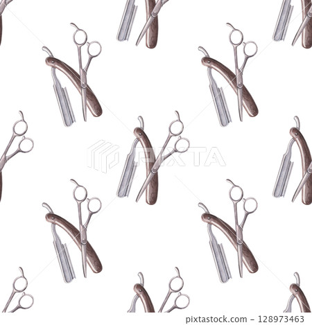 Razor and scissors seamless pattern. Watercolor illustration of barbershop tools hand-painted on white for barbershop, hairdresser branding, grooming designs, printing on textile, packaging Razor and scissors seamless pattern. Watercolor illustration of barbershop tools hand-painted on white for barbershop, hairdresser branding, grooming designs, printing on textile, packaging 128973463
