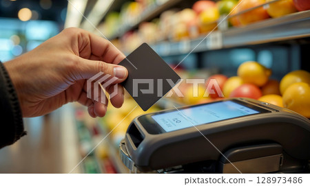 Close-up shot of a hand holding a credit card 128973486