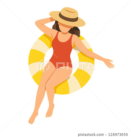一位女士在泳池游泳圈上放鬆的插圖 128973650