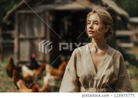 A young Caucasian woman with blonde hair stands in a backyard near a chicken coop. Chickens roam freely in the background, emphasizing a slow living lifestyle. 128973775