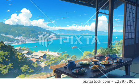 A lakeside dining table with light and breezes circulating; a relaxing lunchtime scene surrounded by greenery; waterside; nature; sightseeing; scenery; buildings; blue skies; lunch 128973805