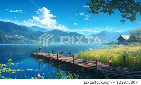 湖畔餐桌，光線和微風流通；綠樹環繞的輕鬆午餐場景；水邊；自然；觀光；風景；建築；藍天；午餐 128973807