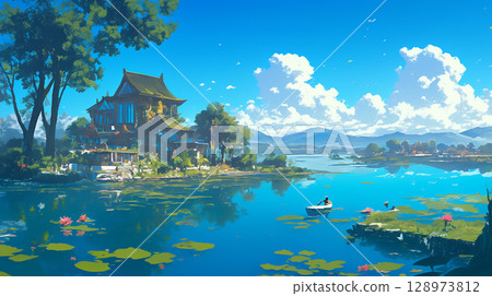 藍天綠樹倒映在湖面上，靜謐的午後景象，午餐的餘暉，自然，旅行，放鬆，餐桌，窗戶，植物 128973812