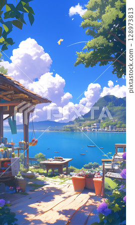 Blue sky and green trees reflected on the lake surface, a quiet afternoon scene, the afterglow of lunch, nature, travel, relaxation, dining table, window, plants 128973813