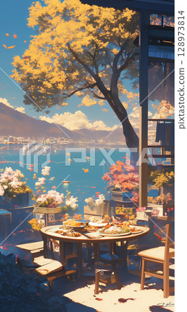 藍天綠樹倒映在湖面上，靜謐的午後景象，午餐的餘暉，自然，旅行，放鬆，餐桌，窗戶，植物 128973814