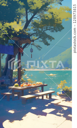 藍天綠樹倒映在湖面上,靜謐的午後景象,午餐的餘暉,自然,旅行,放鬆,餐桌,窗戶,植物 藍天綠樹倒映在湖面上,靜謐的午後景象,午餐的餘暉,自然,旅行,放鬆,餐桌,窗戶,植物 128973815