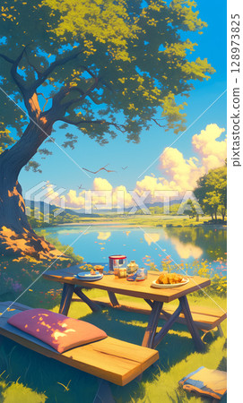 The sparkling lake and the calm of the daytime, the scenery of a terrace lunch in an open space, nature, healing, travel mood, scenery 128973825