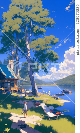 The sparkling lake and the calm of the daytime, the scenery of a terrace lunch in an open space, nature, healing, travel mood, scenery 128973826