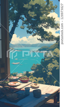 The sparkling lake and the calm of the daytime, the scenery of a terrace lunch in an open space, nature, healing, travel mood, scenery 128973827
