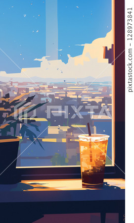 A relaxing lunchtime by the lake, a landscape of light created by the sky and water, nature, travel, architecture, anime-style, healing, plants 128973841