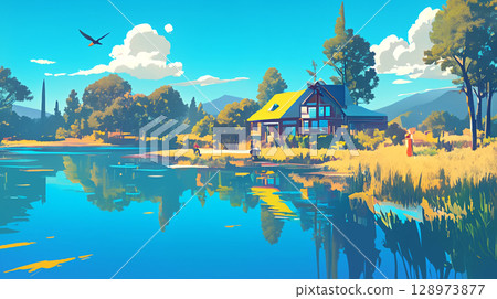 被藍色湖水和天空包圍的午餐風景，充滿度假氛圍的露台座位，自然，旅行，放鬆 128973877