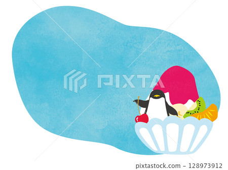 草莓刨冰配水果和企鵝 草莓刨冰配水果和企鵝 128973912