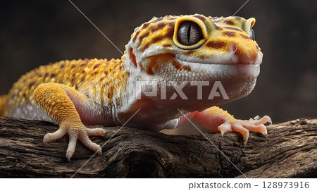 Close-up of a leopard gecko on a wooden branch. The gecko has a yellow and orange patterned skin with large, expressive eyes. Its limbs are positioned on the branch. 128973916