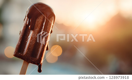 A melting chocolate ice cream popsicle on a stick. The background features a warm sunset with soft bokeh lights, symbolizing hot summer and global warming. 128973918
