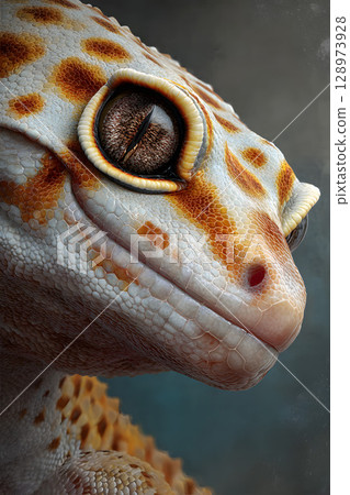 Close-up of a leopard gecko, Eublepharis macularius, showcasing its distinctive orange and white skin patterns and large, expressive eyes. Close-up of a leopard gecko, Eublepharis macularius, showcasing its distinctive orange and white skin patterns and large, expressive eyes. 128973928