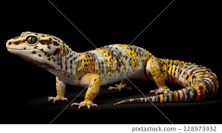 A vibrant leopard gecko with yellow and black patterns. It has a slender body and a long tail, resting on a dark surface. The gecko's eyes are large and expressive. A vibrant leopard gecko with yellow and black patterns. It has a slender body and a long tail, resting on a dark surface. The gecko's eyes are large and expressive. 128973932