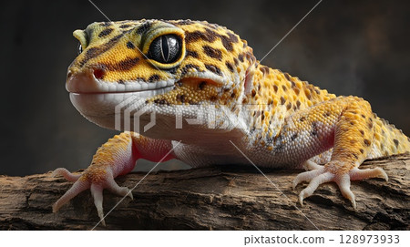 Close-up of a leopard gecko on a wooden surface. The gecko has a yellow and black spotted pattern, large eyes, and a slender body. It is a popular pet reptile. 128973933
