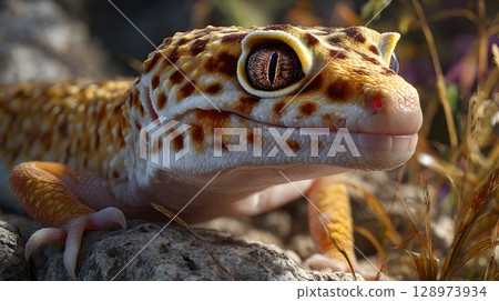 Close-up of a leopard gecko, Eublepharis macularius, with a yellow and orange body covered in dark spots. The gecko is resting on a rock surrounded by greenery. 128973934