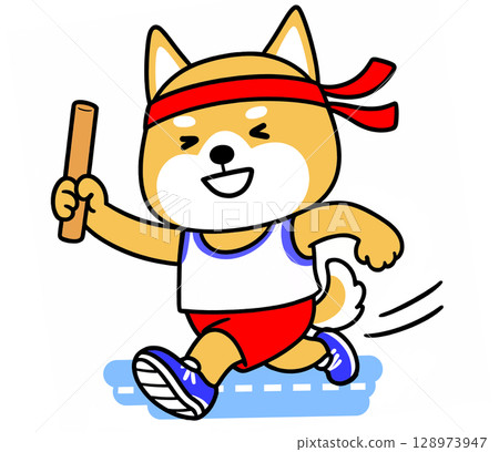 Shiba Inu holding a baton in a relay at a sports day 128973947