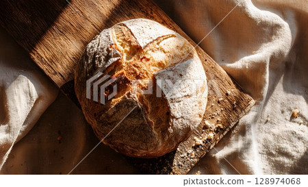Freshly baked round sourdough bread on a wooden board. The bread has a golden crust and is placed on a light linen cloth, evoking a cozy country kitchen atmosphere. 128974068