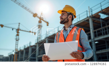 photo of a male construction worker wearing a hard hat and safety vest, holding building plans and looking at a construction site with cranes 128974161