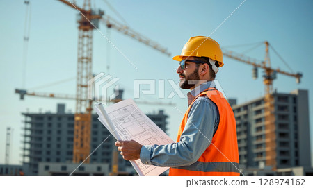 photo of a male construction worker wearing a hard hat and safety vest, holding building plans and looking at a construction site with cranes photo of a male construction worker wearing a hard hat and safety vest, holding building plans and looking at a construction site with cranes 128974162