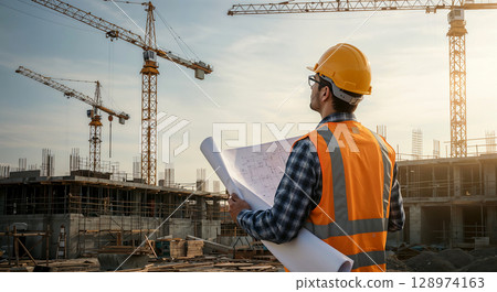photo of a male construction worker wearing a hard hat and safety vest, holding building plans and looking at a construction site with cranes photo of a male construction worker wearing a hard hat and safety vest, holding building plans and looking at a construction site with cranes 128974163