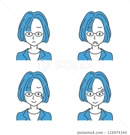 Woman with glasses: 4 facial expressions (negative) Woman with glasses: 4 facial expressions (negative) 128974164